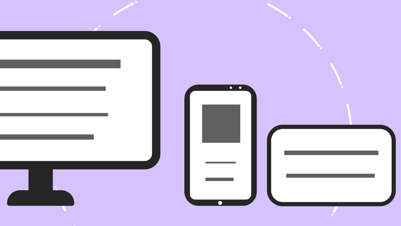 Vector icons with a modern phone beside a computer monitor and a credit card, set against a purple background with gray lines